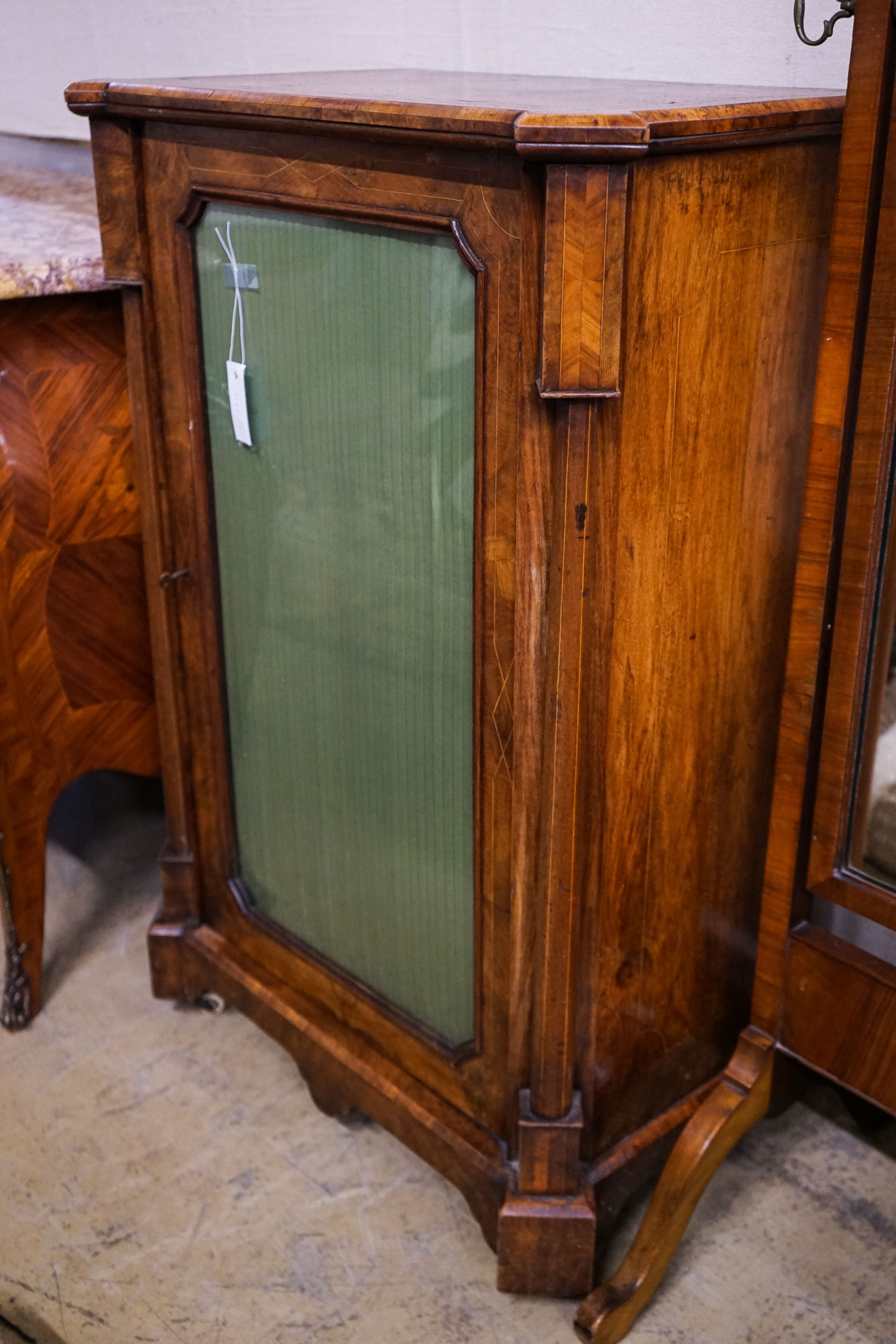 A Victorian figured walnut music cabinet, width 67cm, depth 40cm, height 100cm